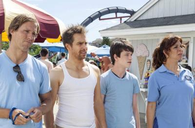 Sam Rockwell as Owen, manager of Water Wizz, Liam James as Duncan, and Maya Rudolph as Caitlin, a Water Wizz employee. COURTESY FOX SEARCHLIGHT