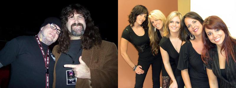 Sinners and Saints owner Roger Chouinard, left, poses with wrestler and comedian Mick Foley. A comedy show with Foley will kick off Chouinard’s food drive. Photo courtesy: Roger Chouinard; Lauren McCarthy, far left, with her colleagues at Tarra Dean Studio, including Tarra Dean, far right. Photo courtesy: Tarra Dean