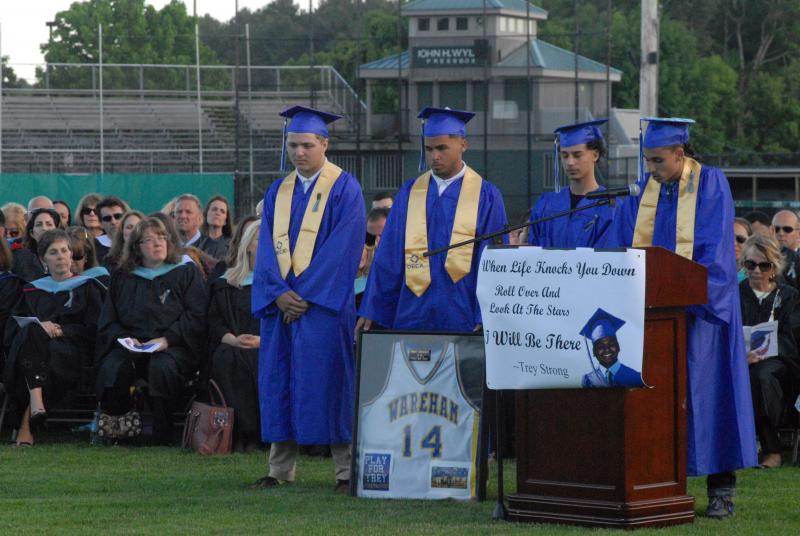 Students remember their classmate, Trey Miranda, who passed away from brain cancer last year. Miranda's mother was presented with his diploma Friday night. BY LYDIA GOERNER