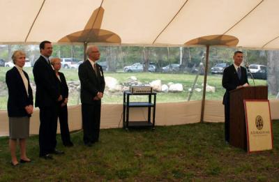 Speakers at the event included (from left): Elizabeth Kunz, chairman of the Board of Trustees, Southcoast Hospitals Group; Keith Hovan, president and CEO, Southcoast Hospitals Group; Jane Donahue, chair, Wareham Board of Selectmen; John B. Day, president and CEO, Southcoast Health System; and Michael P. Hogan, president and CEO, A.D. Makepeace Company. BY CYRUS MOULTON