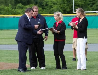 Senator Marc Pacheco (D-Taunton), Cape Cod Baseball League Commissioner Paul Galop, league President Judy Scarafile, and Rep. Susan Williams Gifford (R-Wareham) at the pregame ceremony. BY ANDREW W. GRIFFITH