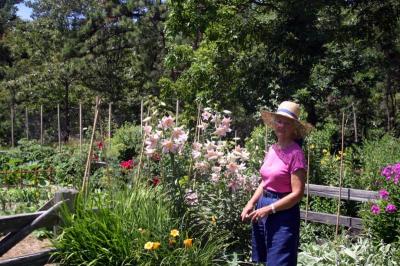 Betty Briggi poses in front of Asiatic lillies in her perennial garden, with her vegetable garden in the background and behind the fence to the left. Briggi said she usually spends about two hours a day in her garden during the summer, but joked that she had been out there "24/7" in preparation for the tour. BY CYRUS MOULTON