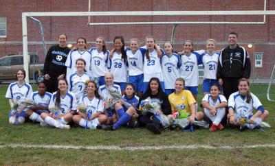 The Girls Soccer Team on senior night, with the seniors in the front row (left to right): Autumn Wood, D'Vaughn Rose-Nunes, Marley Harunk, Kayana Jones, Makenzie Hetu, Annika Wynne, Brianna King, Kira Correia, Felicia Thomas, Taylor Nelson, Taylor Sullivan. Back row, left to right: Junior Varsity Coach Megan Kashner, Leighana Stuchlak, Megan Fitzgerald, Isabell Scannel, Tara DiGiantomaso, Madison Catarius, Stephanie Bourgeois, Nicole Torraco, Nicole Johnson, Varsity Coach Cindy Sylvia. BY BARBARA THOMAS