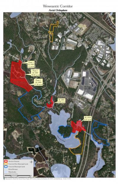 An aerial photo and map identifying the parcels to be purchased in phase I of the Weweantic Corridor Project, already-protected properties that are part of the corridor, and property that the land trust hopes to acquire in the future. The land trust is also working with property owners to "fill in the blanks," among the protected properties. COURTESY WAREHAM LAND TRUST