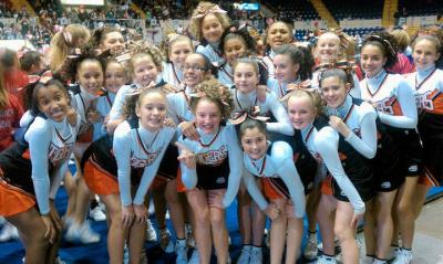The Tiger Cheerleaders at the Regional Qualifiers in Springfield. back row: Miranda Whitehouse, Hollianne Sprowl, Aleksandra Jensen, Rae-Lynn Pina, Zoe Bowden, Melissa Gianelli, Meghan Silvia, Sarah Burroughs second row: Chelsea Texiera, Jocelyn DeBarros, Allie Kingston, Cali Bariteau, Jessica Read, Rachael Vendetti, Erin Pardi front row: Saje Gomes, China Bigelow, Michaela McDuffy, Ariel St. Germaine, Cassidy Cincotta. BY JEN JENSEN