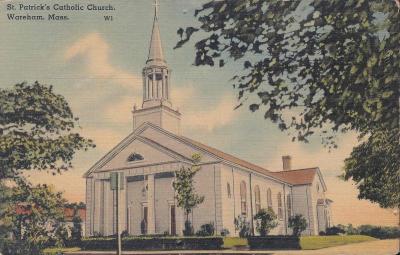 A color postcard showing the new church. The church was designed by the Boston architecture firm of Macginnis & Walsh, which had designed the campus of Boston College as well as numerous Catholic Churches in Boston. The building was the first colonial-style church that the firm was to design, as the Bishop of Fall River specifically requested that it "harmonize with the characteristic architecture of Cape Cod, viz, Colonial." COURTESY FR. JOHN M. SULLIVAN