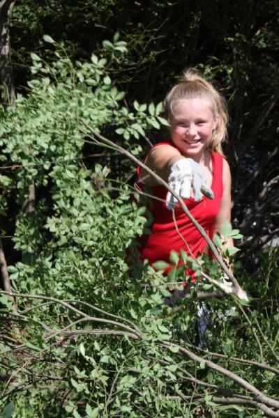 Fourth grader Isabella DeBlois helped clear brush so new plants could be put in at the Decas Elementary playground. BY JAIME REBHAN