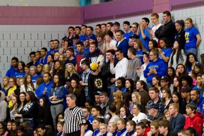 Wareham fans, clad in blue, stand and cheer their team during the quarter final game of the South Division 3 championships. BY ANDREW GRIFFITH