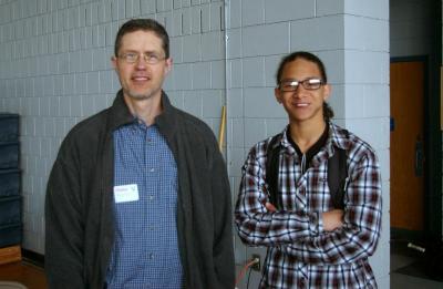 Rick Smith, left, talked to Jovan DePina about careers in audio engineering during the Wareham High School Career Fair on April 26. BY RISHI SIDHU