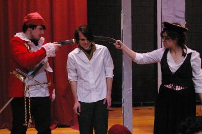 "Frederic," played by Alex Monty, gets captured by pirates during rehearsal for the "Priates of Peznance" on May 1 in the Wareham High School auditorium. BY RISHI SIDHU