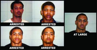 Robert Brown, Jr., 18, of Onset (left), Kendrick Williams, 18, of Wareham, Justin Gomes, Jr., 17, of Wareham (bottom left) and Brian Santiago, 20, of Wareham have been arrested in connection with the home invasion. Police are searching for a fifth suspect, 21-year-old Jordan JP Gomes, who police say is considered to be armed and dangerous (far right). SOURCE WAREHAM POLICE