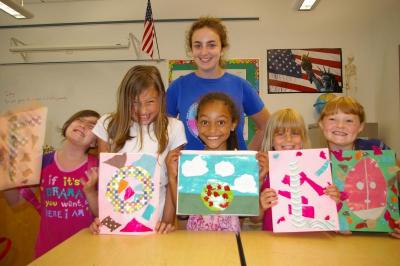 The students also completed an art project as part of the program with the Buzzards Bay Coalition. From left to right: Zoe Iandoli, Morgan Gifford, Aaliyana Black-Holmes, Julia Pomerleau, and Heather Cormier. Standing, summer Onset resident and Buzzards Bay Coalition Intern Lauren Salters. BY RISHI SIDHU