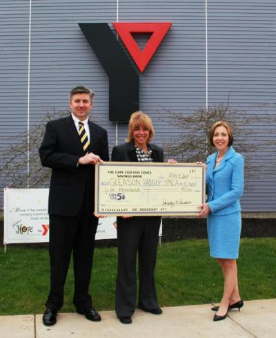 Right to left: Dorothy A. Savarese, President and CEO of The Cape Cod Five Cents Savings Bank; Laura Prisco, Executive Director of Gleason Family YMCA; and Christopher Richards, Vice President, Regional Manager for Southeastern Massachusetts, Cape Cod Five Cents Savings Bank. COURTESY CAPE COD FIVE CENTS SAVINGS BANK