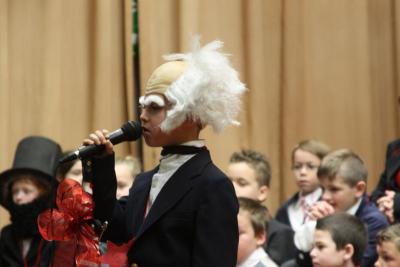 Quintin Grosso-Vincente shares a fact about Martin Van Buren while dressed as the eighth president. BY MATTHEW BERNAT