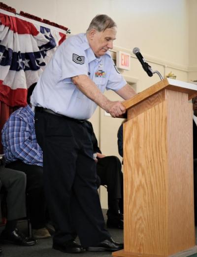Skip Sarnelli, the chairman of the Wareham Veterans Council told guests the history of Veterans Day. Photo by: Nadya Korytnikova