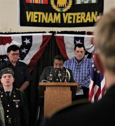 Wareham Veterans of Foreign Wars Post Chaplain Erwin Russell leads with an opening prayer. Photo by: Nadya Korytnikova