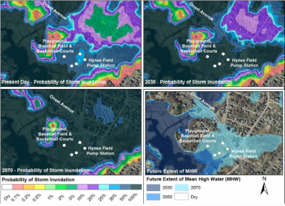 These graphics show the probabillity that this section of Onset Avenue would be flooded during storms of various severities in the present day, in 2030, and in 2070 (starting at the top left and moving clockwise). For example, areas in yellow have a 0.5 percent chance of flooding in that year. The map at bottom right shows the projected reach of high tide in 2030, 2050, and 2070. Photo courtesy: Woods Hole Group