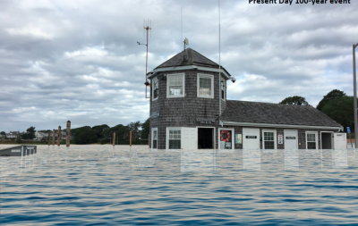 This graphic shows the extent to which the Harbormaster’s building on Onset Pier would be flooded during a 100-year storm today. Photo courtesy: Woods Hole Group