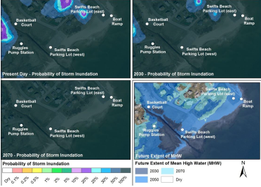 These graphics show the probabillity that this section of Swifts Beach would be flooded during storms of various severities in the present day, in 2030, and in 2070 (starting at the top left and moving clockwise). For example, areas in yellow have a 0.5 percent chance of flooding in that year. The map at bottom right shows the projected reach of high tide in 2030, 2050, and 2070. Photo courtesy: Woods Hole Group