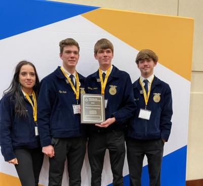 Upper Cape Cod Regional Technical School 11th graders won medals at the 95th annual National FFA Convention and Expo in Indianapolis. They are, from left to right; Kyra Johnson, of Sandwich; Tyler Kutil, of Bourne, and Matthew Nawiochik and Brodie Scott, both of Wareham. Photo courtesy: Elizabeth de la Cour