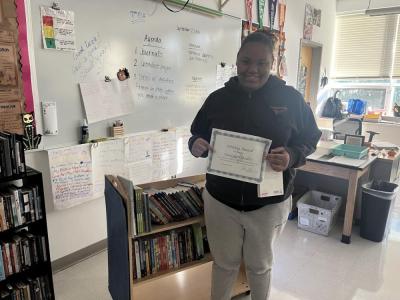 Pictured is Danisha Woodley, one of eight Wareham Middle School students who received distinction for their “exemplary writing skills” following recent English Language Arts benchmark tests.