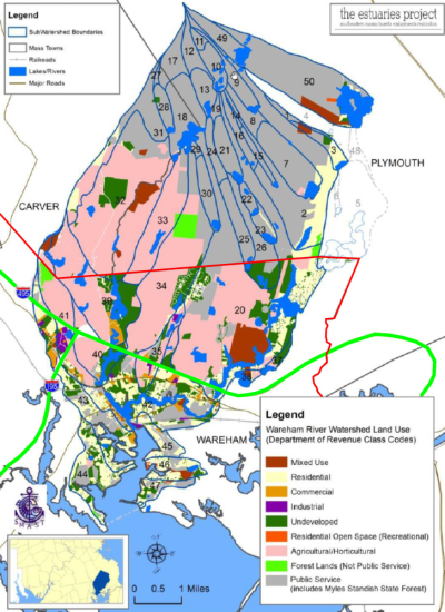 This map, taken from the 2023 draft nitrogen Total Maximum Daily Limit report, shows the outline of the Wareham River watershed extending well into Plymouth and Carver. Route 28 to the north-west and Cromesett Road to the south-west marks the approximate western edge of the watershed, and Glen Charlie Road up to Plymouth Avenue marks the approximate eastern edge. (The different colors indicate the way the land is used; the blue lines demarcate sub-watersheds.)