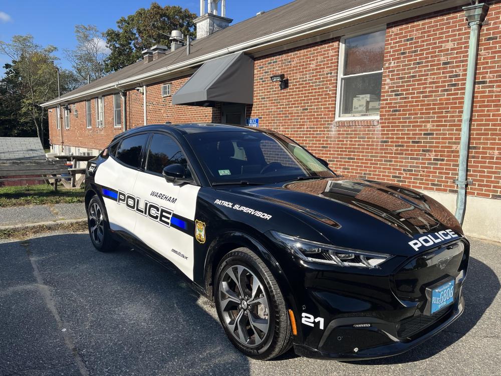 This 2022 Ford Mustang Mach E electric cars, recently purchased by the Wareham Police Department, belongs to Sergeant Daniel Flaherty.