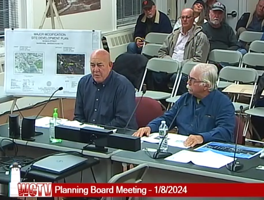 Bill Madden and Danny Warren present the Wareham Planning Board with plans at a Monday, Jan. 8 meeting. Source: Wareham Community Television livestream