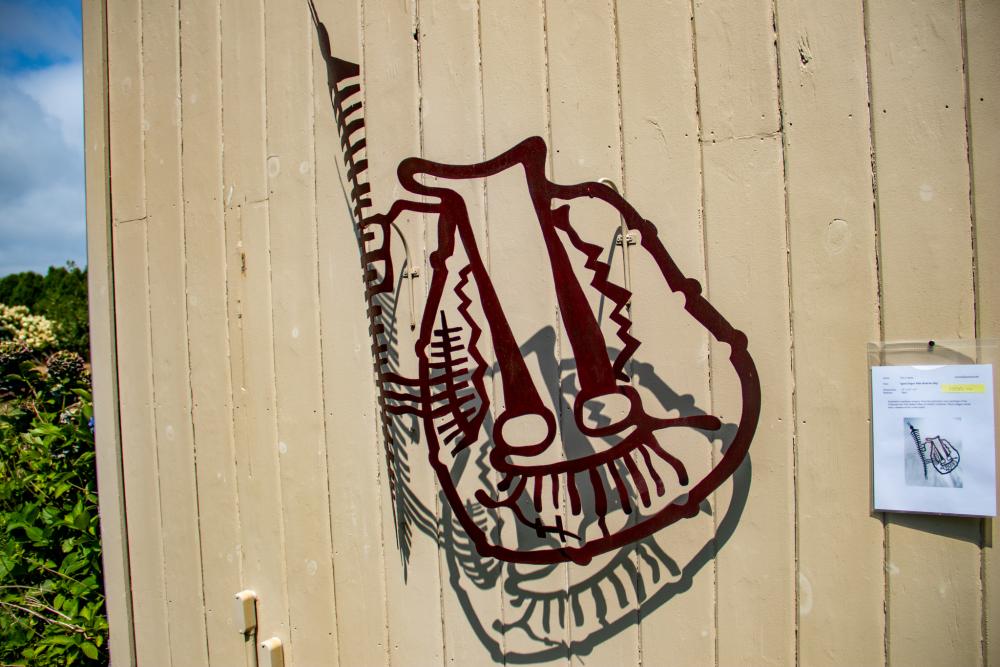 Eric Lintala’s “Spirit Helper with Medicine Bag” piece inspired by rock art in California. Photo by Bobby Grady
