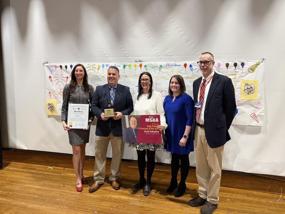 Senator Kelly Dooner, Scott Palladino, Assistant Principals Andrea Cannon and Kim Cavicchi and Superintendent Matt D’Andrea. Photo source: Joyce Bacchiocchi
