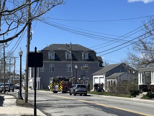 Joe's Gas with fire and police present.