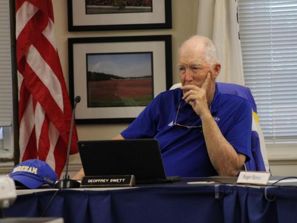 Chair of the School Committee, Geoff Swett, discusses the benefits of playful learning. Photo by Brandy Muz