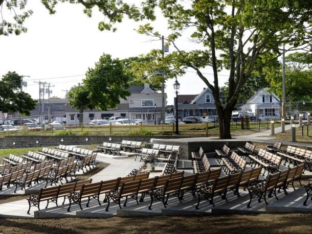 Not completed, but much of the work of installing new seating at the bandshell and related enhancements has been accomplished. Photo by Patrick Lester
