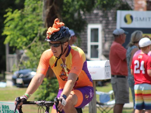 A Pan-Mass Challenge biker rides through Wareham during the 2025 fundraiser. Photo by Brandy Muz