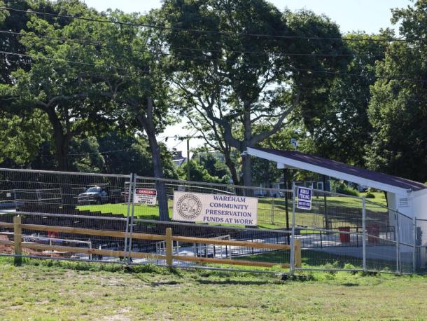 Barriers at the Onset Bandshell at 8:45 a.m. on Wednesday, Aug. 5, which are expected to be taken town later in the day. Photo by Nick Mossman