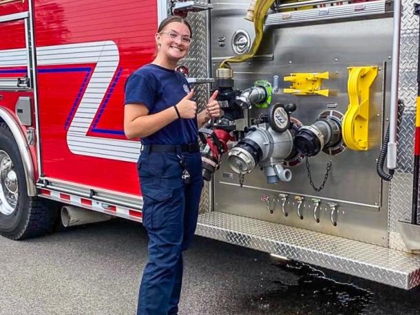 Jenna Klemp, 22, from Onset, is the first female full-time firefighter at Onset Fire Department. Photos source: Jenna Klemp