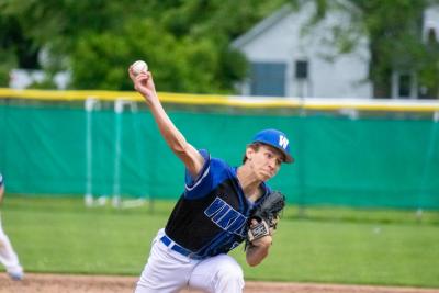 Junior Keenan Peterson delivers a two-seam fastball as the Wareham High School Vikings took on Monomoy Regional High School Friday, May 23 in their last regular season game of the year. Photos by Bobby Grady