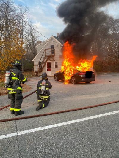Fully engulfed, the fire department works to make sure the flames don't impact the structure of the building. Photo Source: Wareham Fire Department