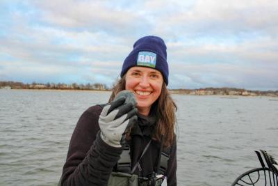 Shell yeah! Carly Baumann holds up a quahog she caught.