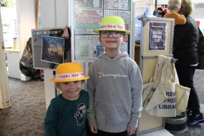 Grayson and Rowan Lunt with their themed hats.