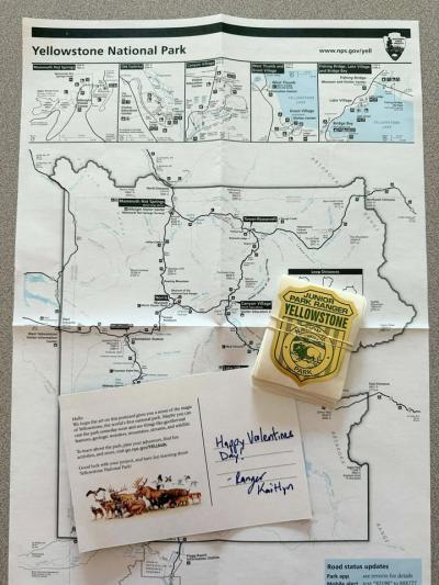 A map and ranger badges sent from a National Park ranger in Yellowstone.
