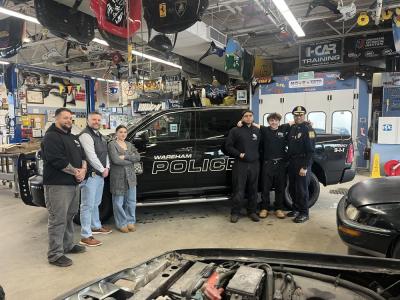 From the left, Instructor Kevin Salsman, Wareham PD LT. Bryan Whalen, student and Wareham resident Willow Tellier, student and Wareham resident Juan Rosario-Zamora, student and Wareham resident Aidan Ventura along with Wareham Police Chief Walter Correia. Photo source: Upper Cape Tech