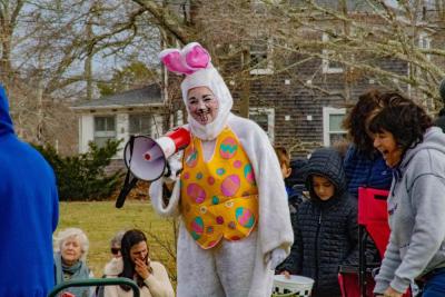 Ever seen the Easter Bunny with a megaphone? Kat Jones prepares the hunters before the event. 