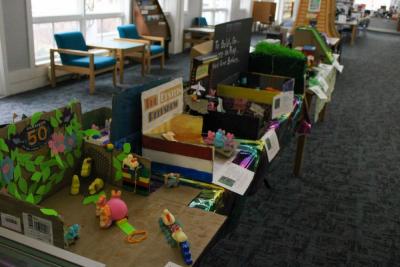 Dozens of displays lined up in the library.