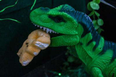 A dino-mite diorama of a T-Rex eating Peeps.