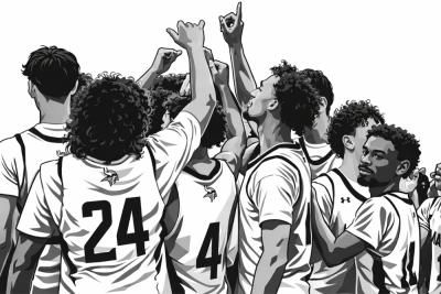The grey scaled photo of the players.