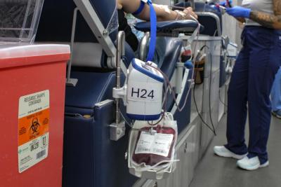 Donors laid on beds inside the bloodmobile as they filled bags of blood for patients at Boston Children's Hospital. 