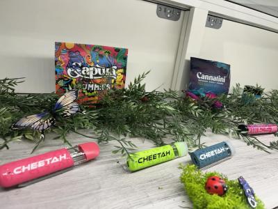 One of many cases in the shop with products on display.