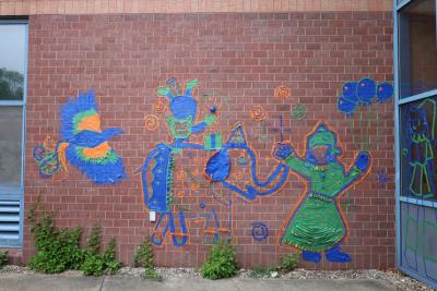 Part of the featured carnival-inspired tape mural at the art fair.
