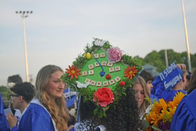 A cap decorated to look ahead. 
